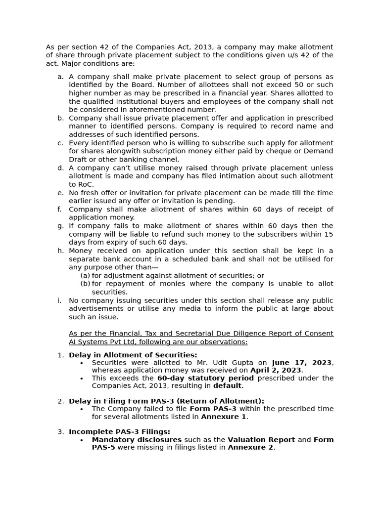 Section 42 Compliance Issues In Private Placement Pdf Private Law 