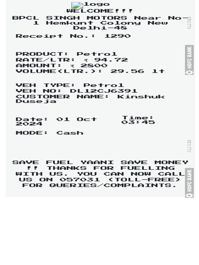BPCL Petrol Pump Receipt Format | PDF