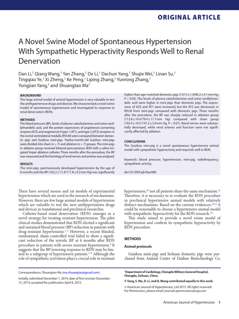 A Novel Swine Model of Spontaneous Hypertension With Sympathetic ...
