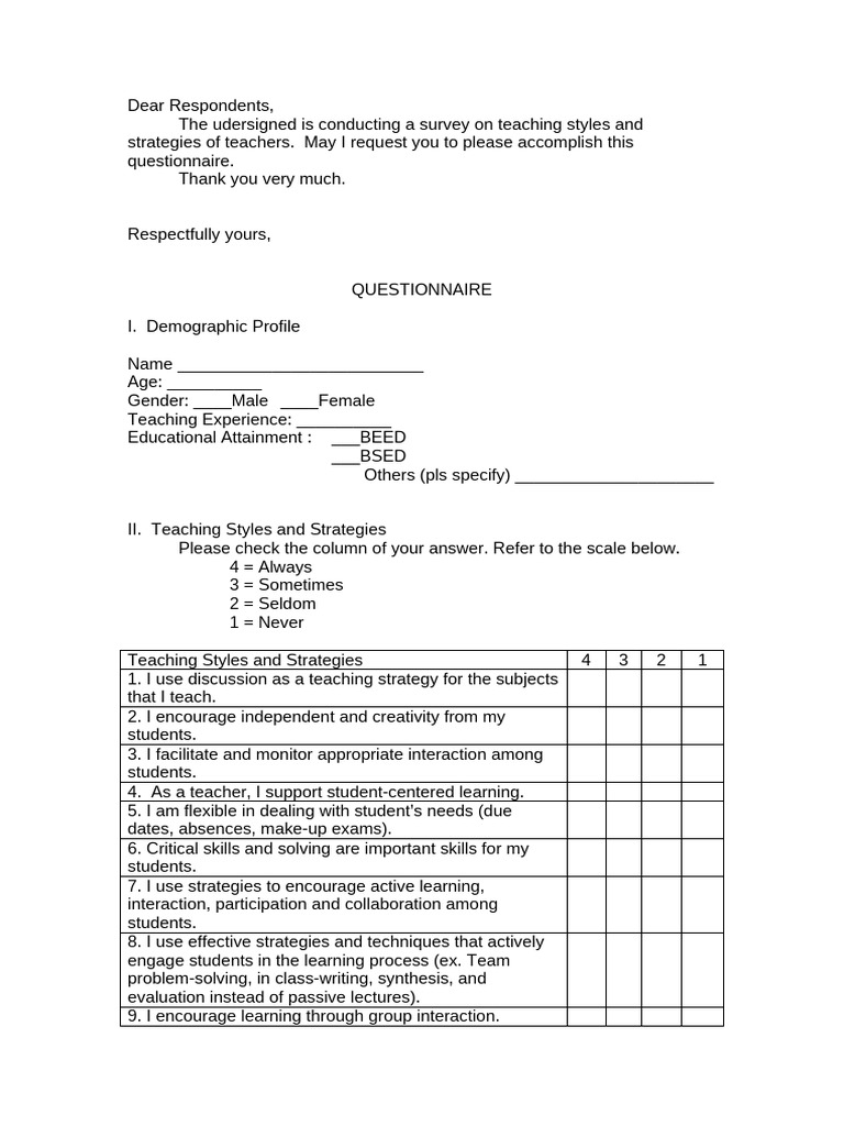 Survey on Teacher Styles and Strategies | PDF | Learning | Questionnaire