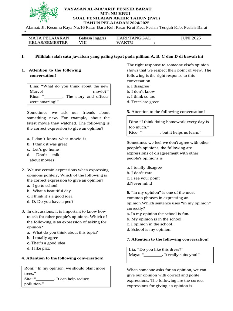 English PAT Questions for MTs NU Krui | PDF | Noun | Morphology
