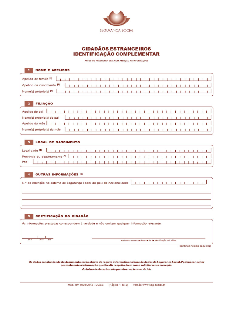 Formulário de Identificação para Estrangeiros | PDF | União Europeia ...