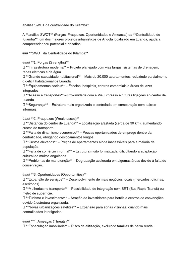 Análise SWOT da Centralidade do Kilamba | PDF | Análise SWOT | Angola