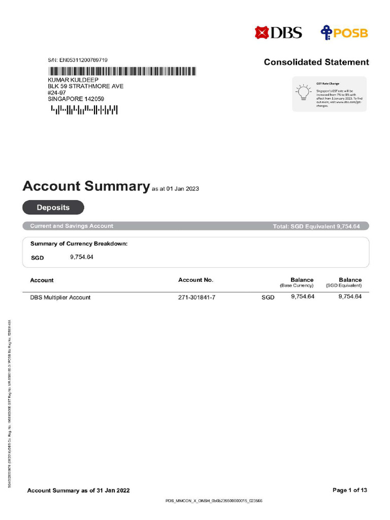 DBS Singapore Bank Statement PDF Page 0001 | PDF