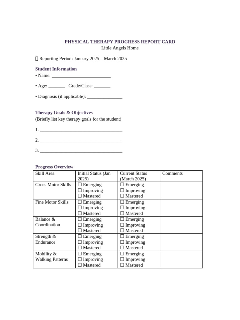 Physiotherapy Progress Report Card | PDF