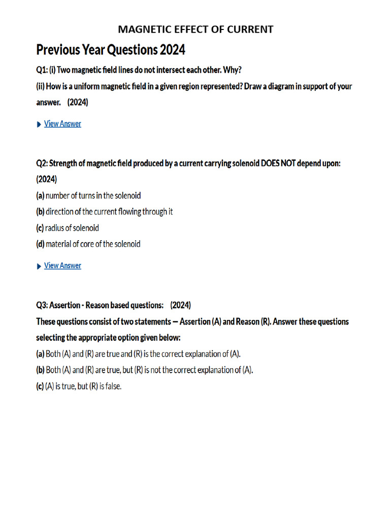Magnetic Effect of Current Pyq | PDF