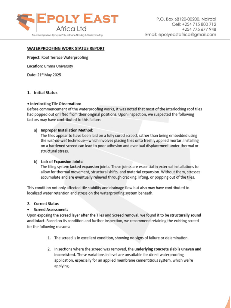 Roof Terrace Waterproofing Report | PDF | Tile | Concrete