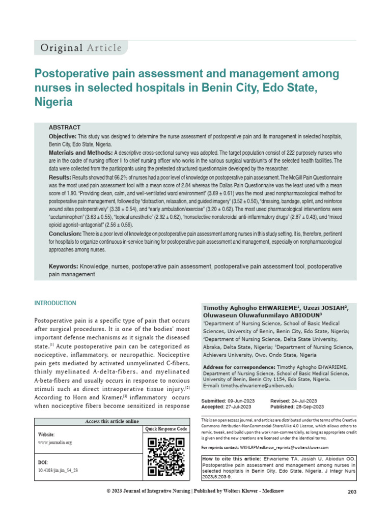 Nurse Knowledge on Postoperative Pain Management | PDF | Pain | Surgery
