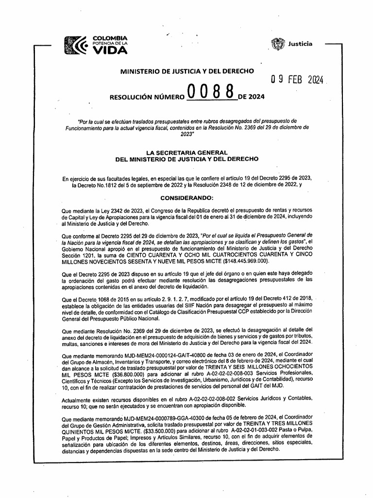 01.resolución No.0088 Del 9 de Febrero de 2024 | PDF | Presupuesto ...