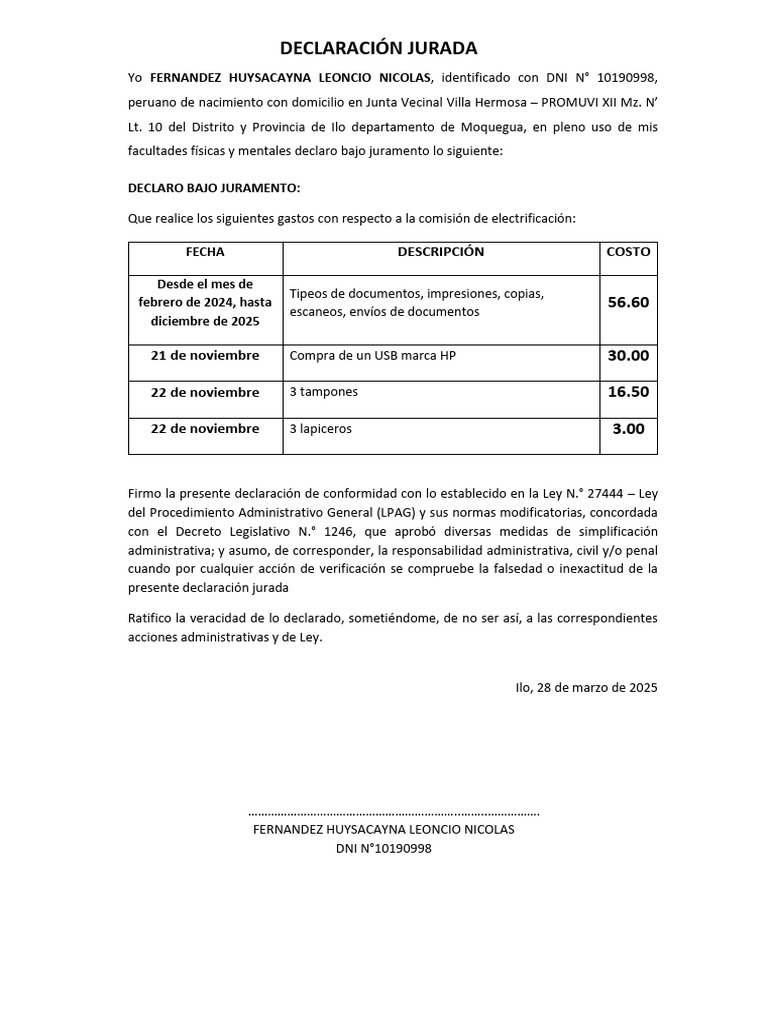 Declaración Jurada de Gastos 2024-2025 | PDF