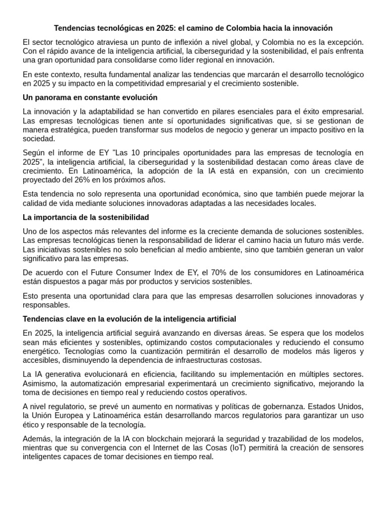 Innovación y tendencias tecnológicas en Colombia 2025 | PDF ...