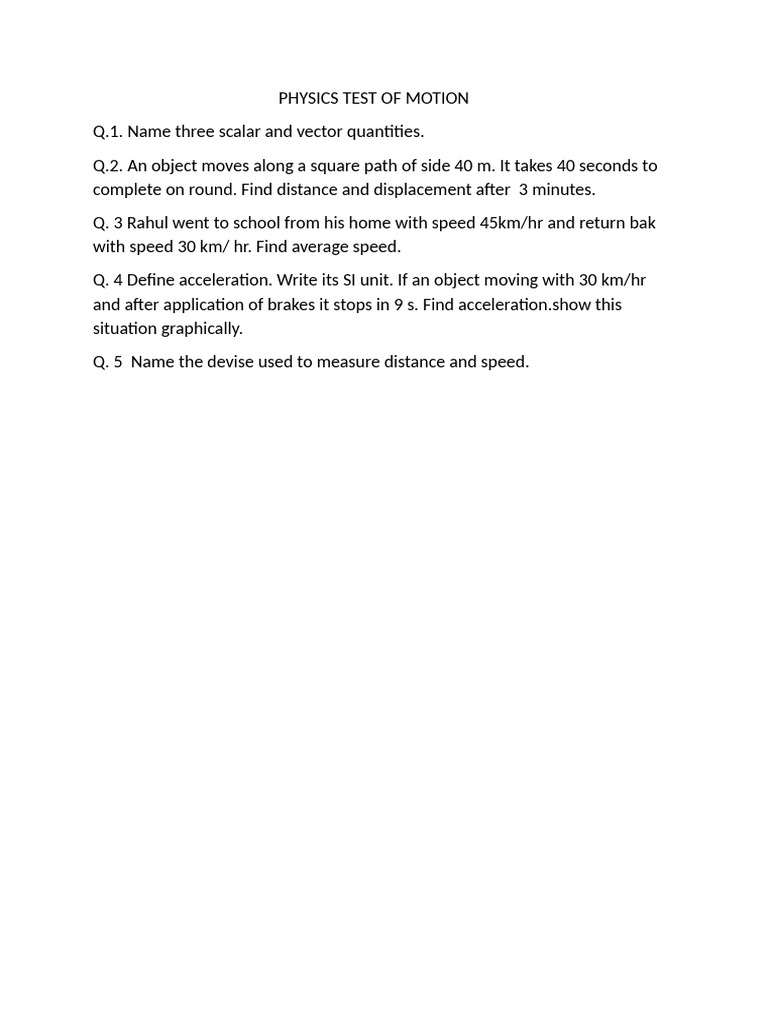 Physics Motion Test Questions | PDF