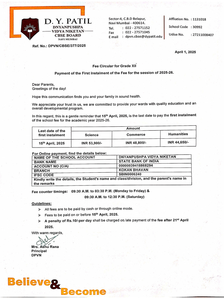 Grade 12 1st Installment Fee Circular 01-Apr-2025 17-10 | PDF