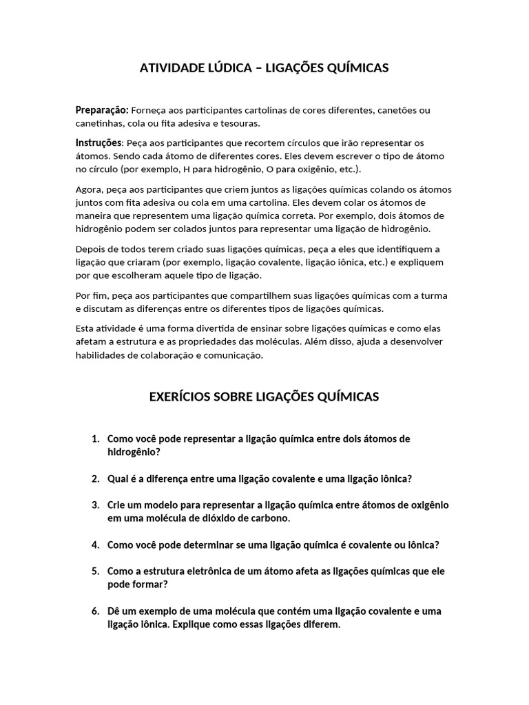 Atividade Lúdica sobre Ligações Químicas | PDF | Ligação química ...