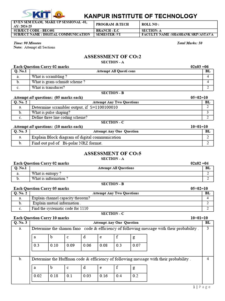 BEC601 Digital Communication Exam Paper | PDF | Electronics ...