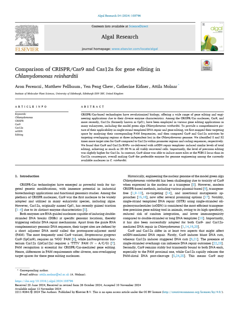 CRISPR Cas9 vs Cas12a in Chlamydomonas | PDF | Crispr | Biology