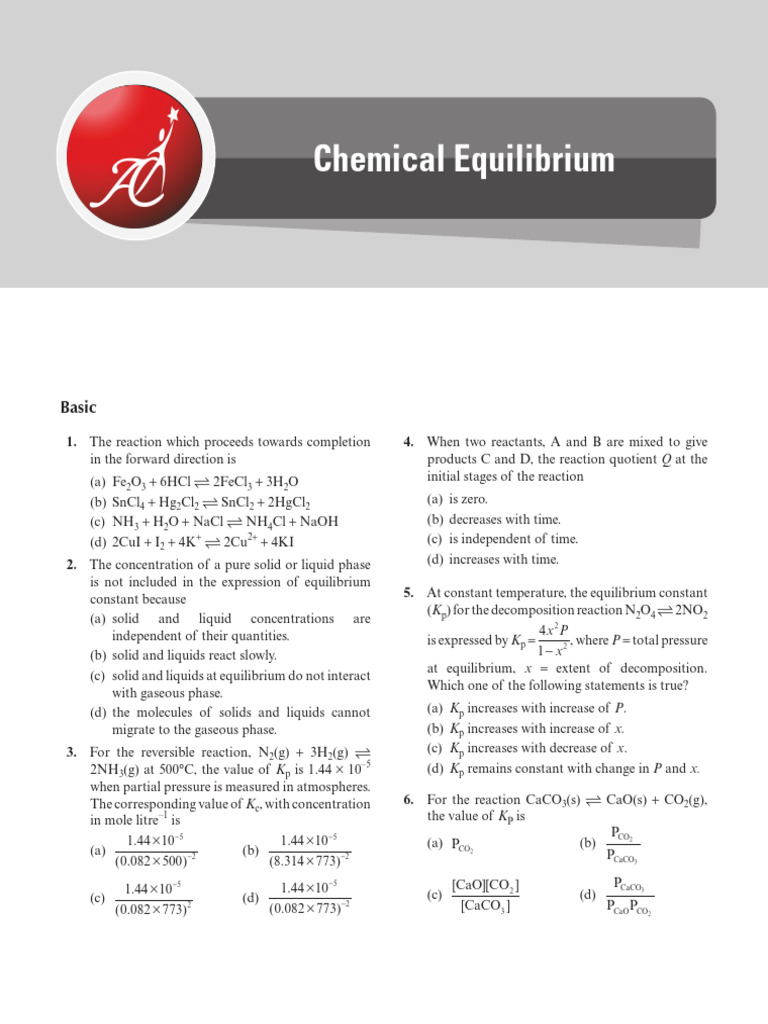Chemical Equilibrium Exercises for JEE | PDF | Chemical Equilibrium ...