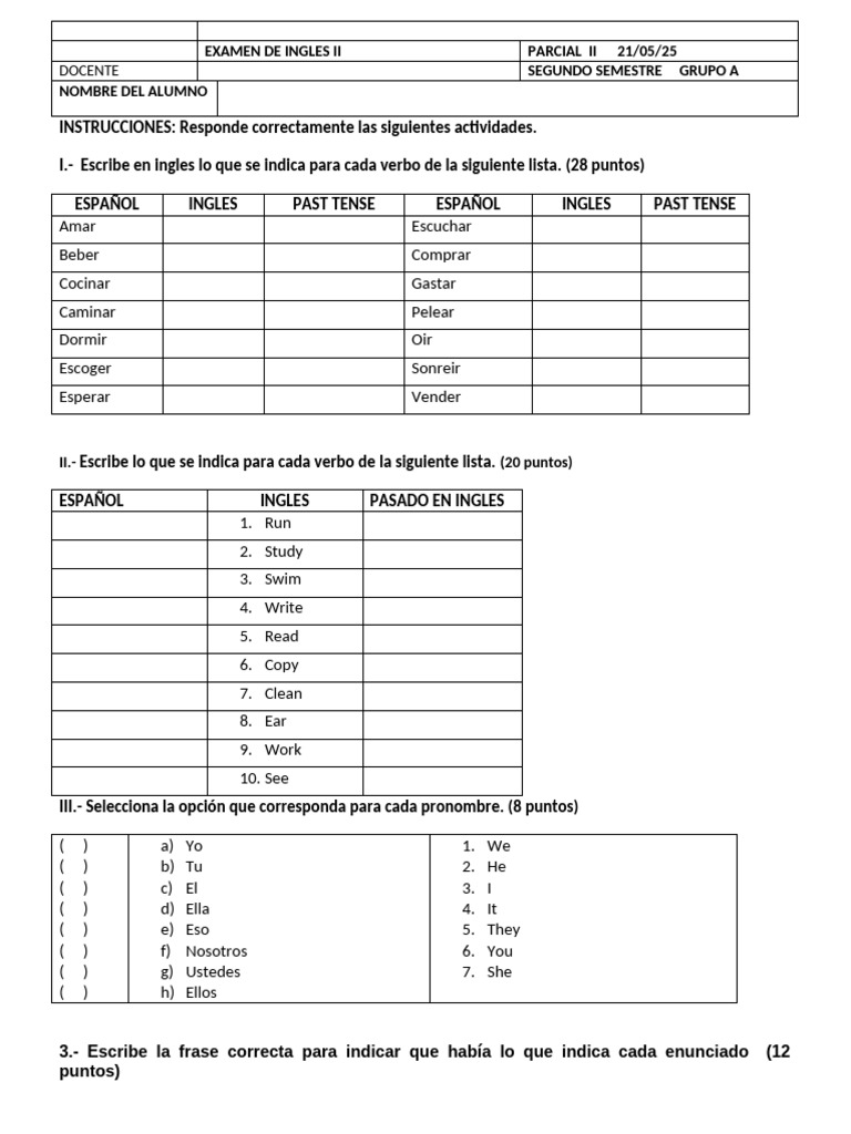 Examen Parcial de Inglés II | PDF
