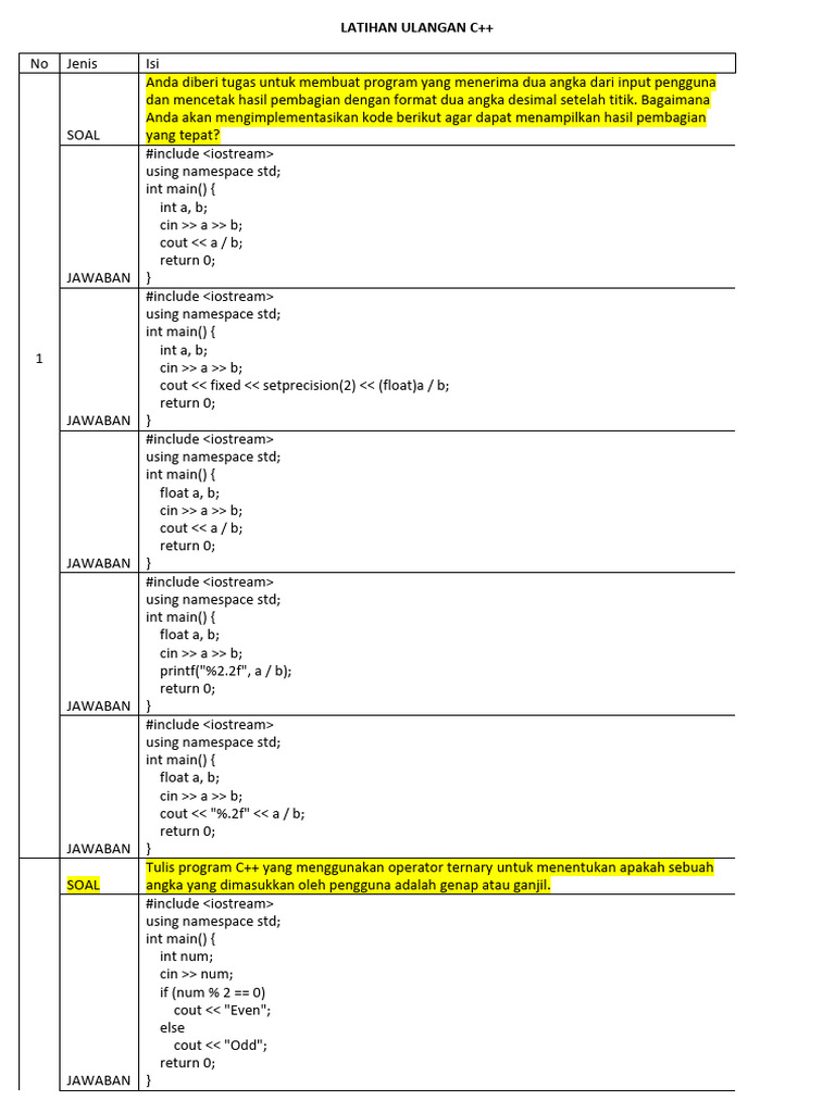 Latihan Pemrograman Dasar C++ | PDF