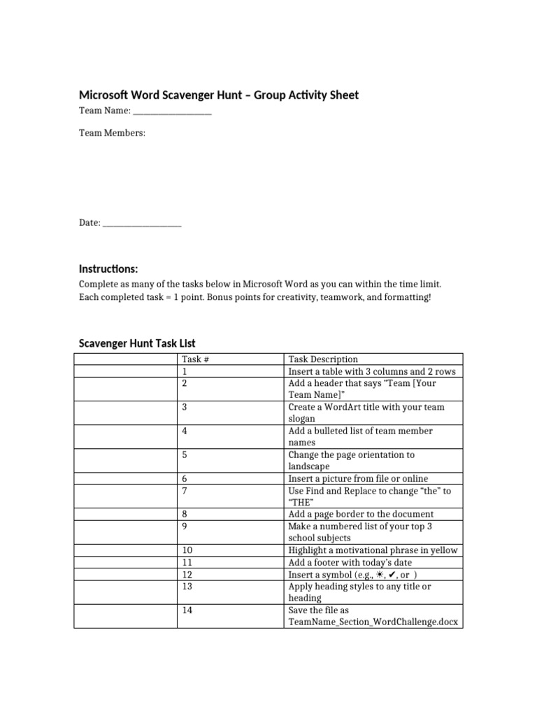 Microsoft Word Scavenger Hunt Guide | PDF | Microsoft Word | Computing