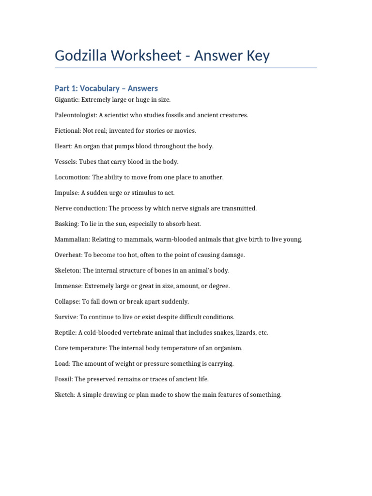 Godzilla Worksheet Answer Key | PDF | Thermoregulation | Mammals