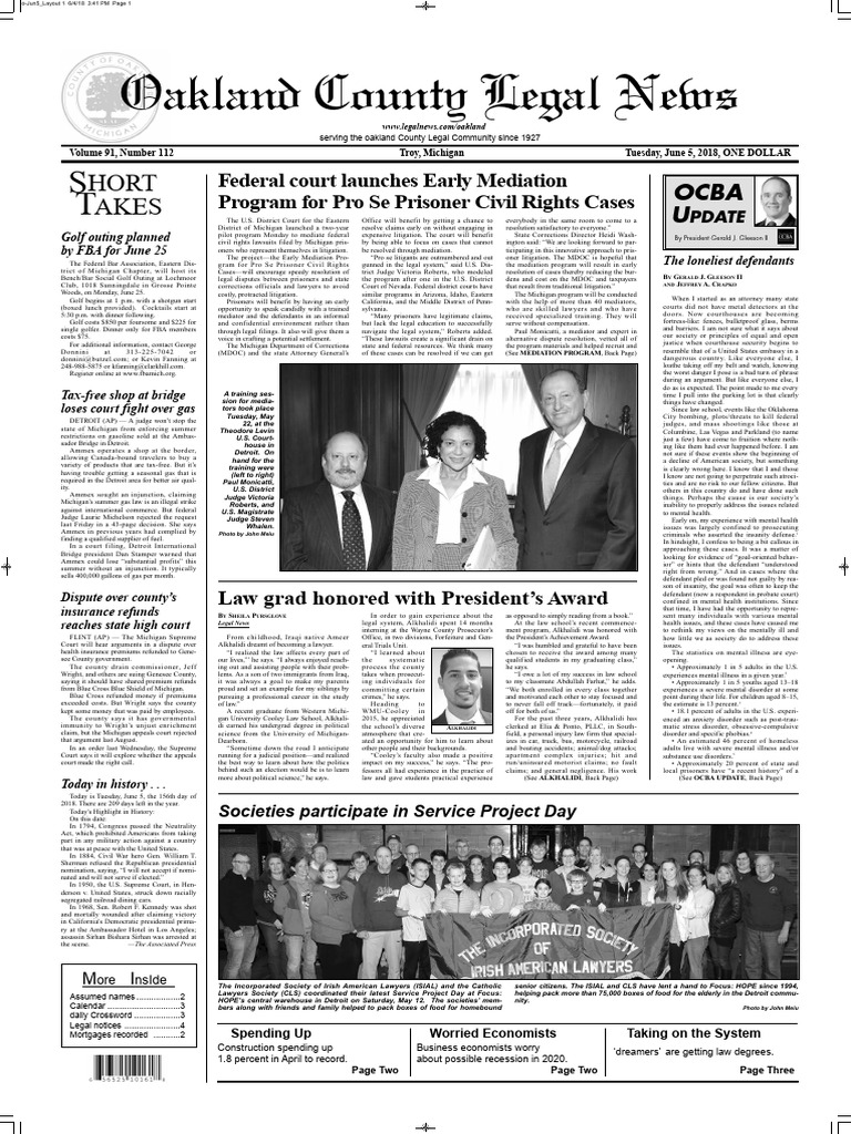 Oakland County Legal News PDF Lawsuit Pro Se Legal Representation