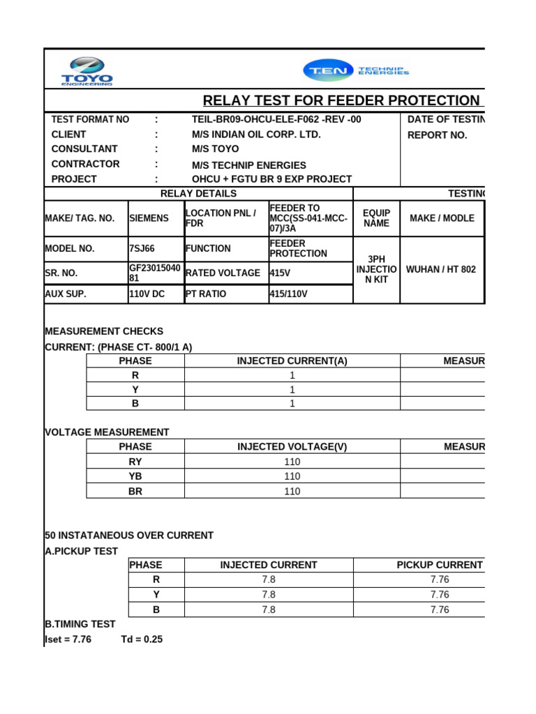 Relay Testing for Feeder Protection | PDF | Electricity | Electrical ...