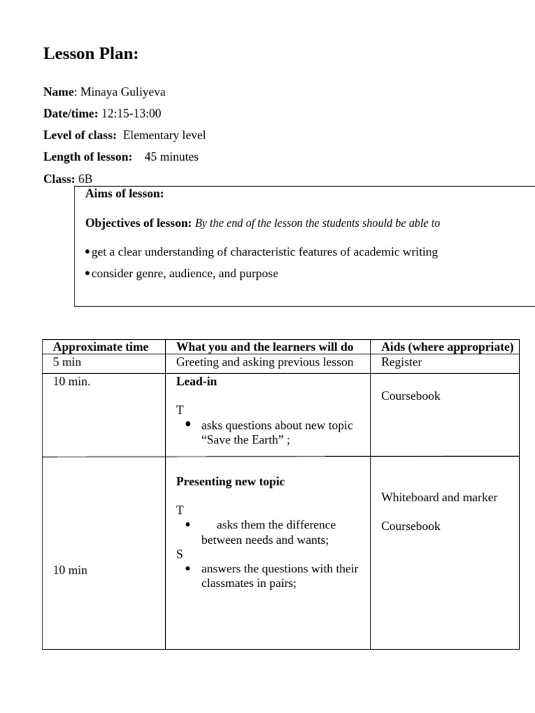 Elementary Academic Writing Lesson Plan | PDF