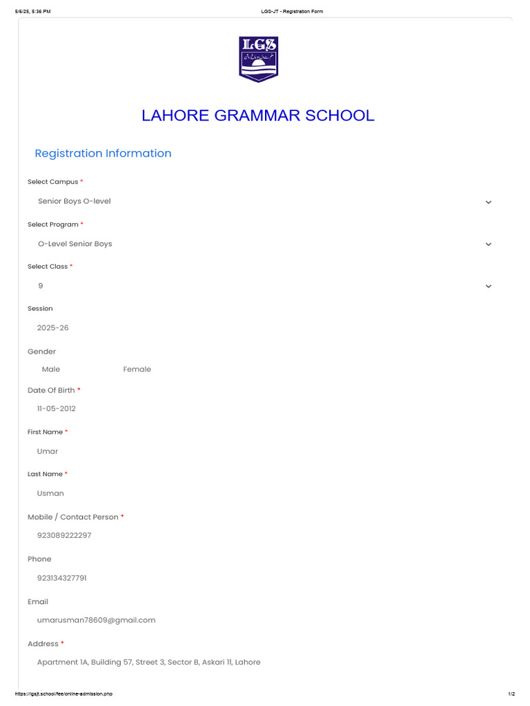 LGS Johar Town Senior Boys Registration | PDF