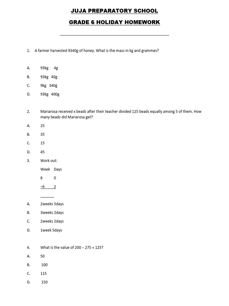 Grade 6 Holiday Homework 2023 | PDF