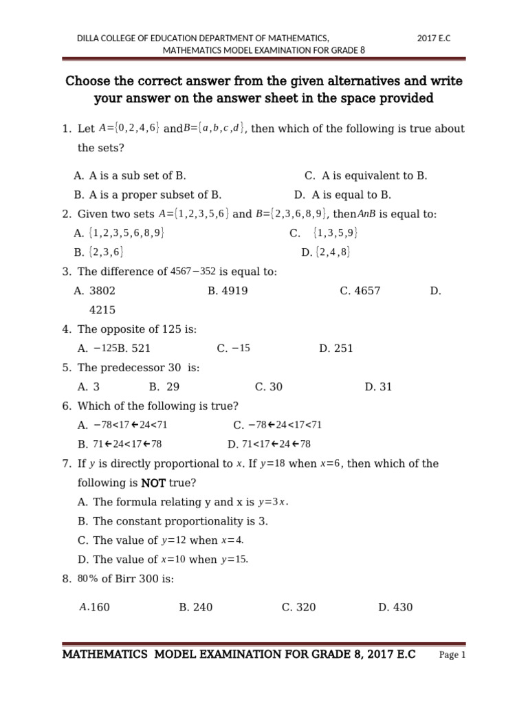 Grade 8 Mathematics Model Exam 2017 | PDF | Mathematics