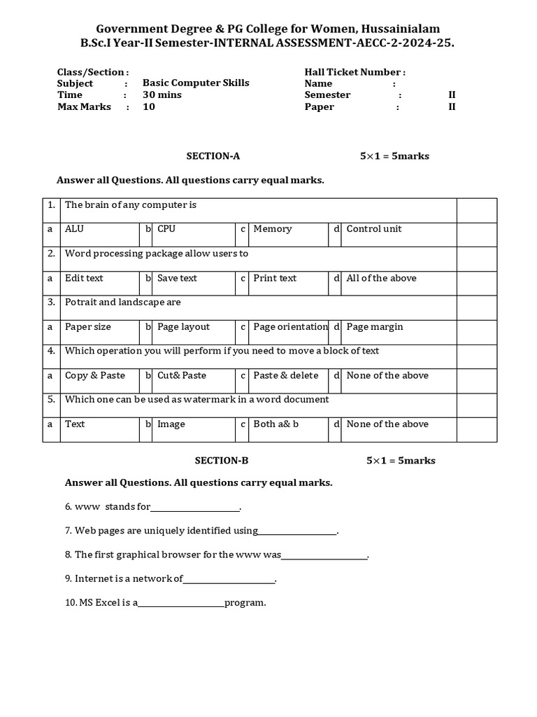 Basic Computer Skills Assessment 2024 | PDF
