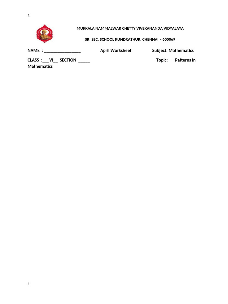 April Math Worksheet for Class VI | PDF