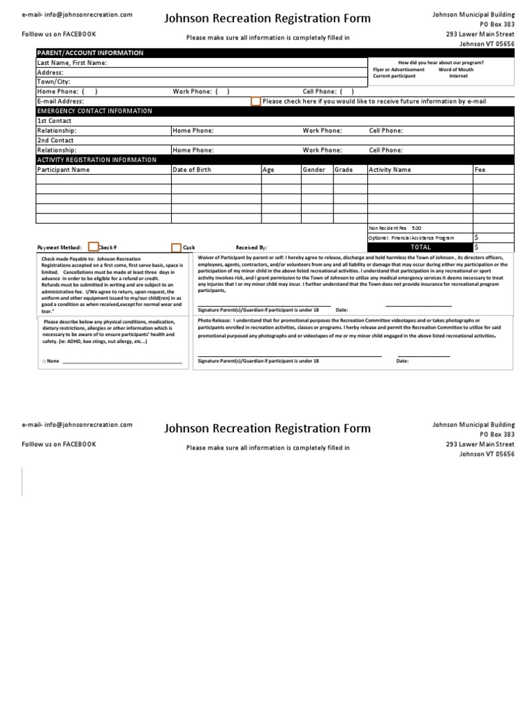 Johnson Recreation Signup Form | PDF | Cheque | Email