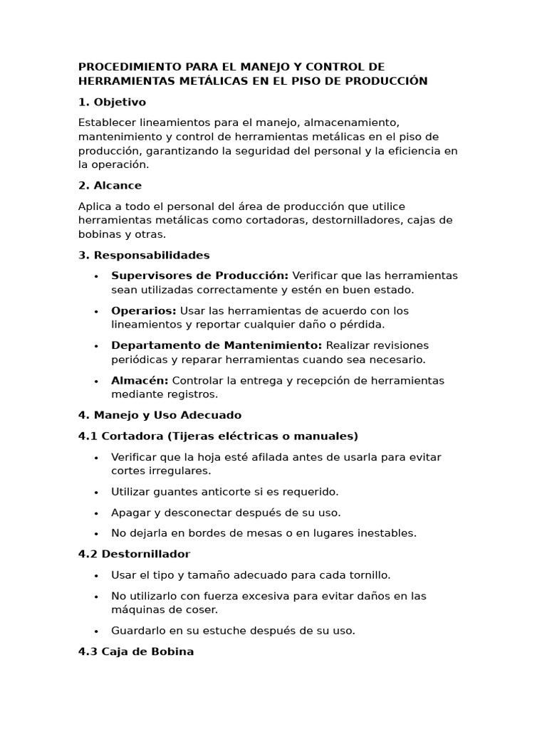 Procedimiento para El Manejo y Control de Herramientas Metálicas en El ...