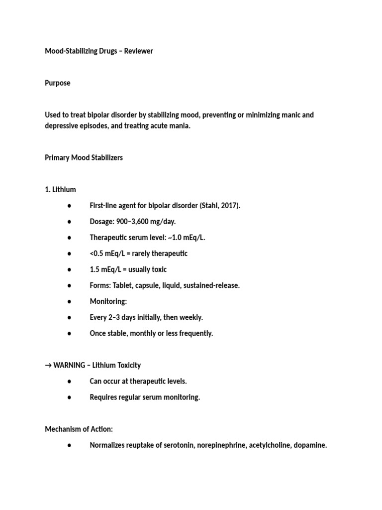 Mood Stabilizers and Anxiolytics Overview | PDF | Drugs | Drugs Acting ...