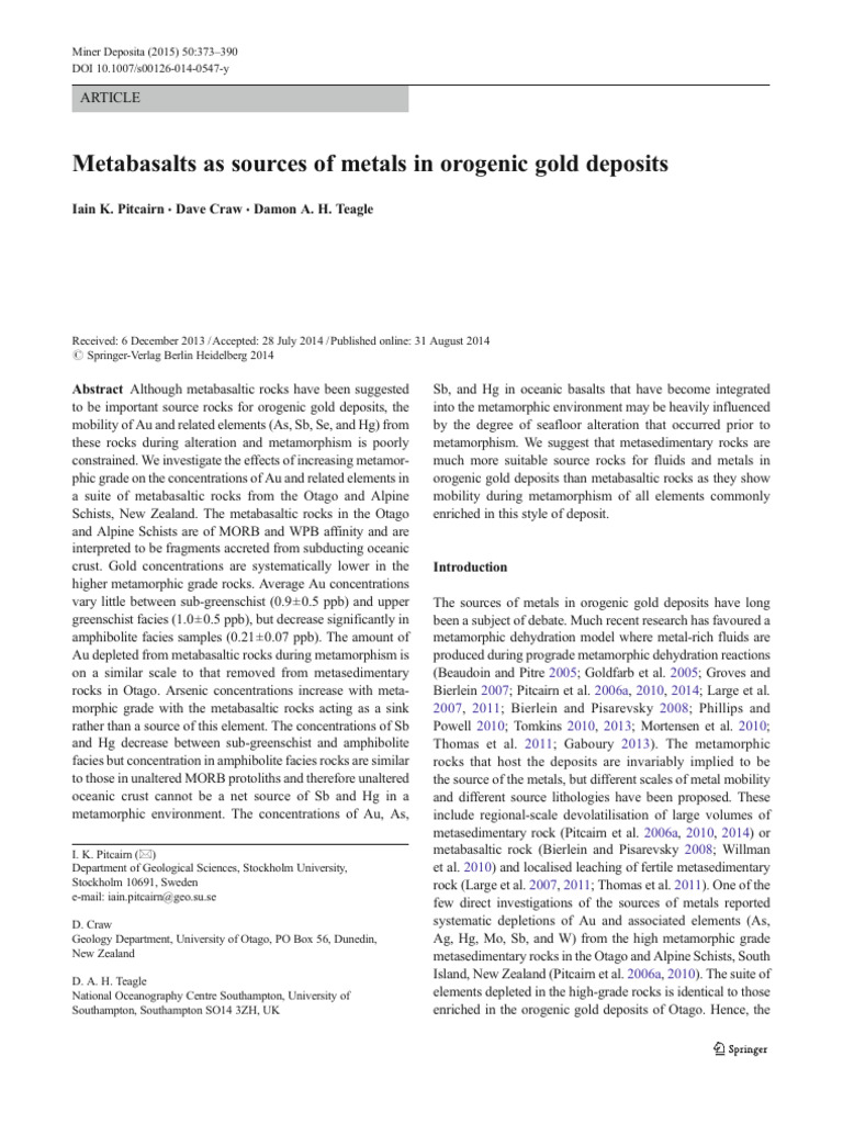 Metabasalts As Sources of Metals in Orogenic Gold Deposits: Article ...
