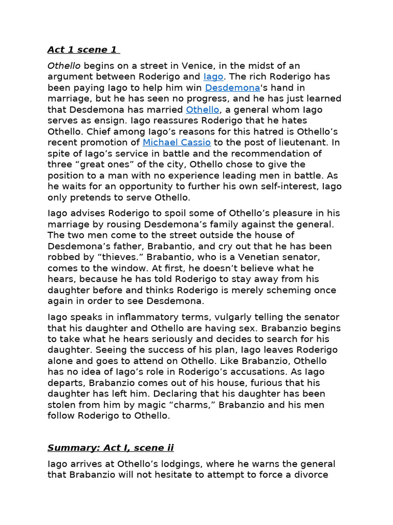 Othello Act 1 Scene 1 Summary | PDF | Othello | Iago