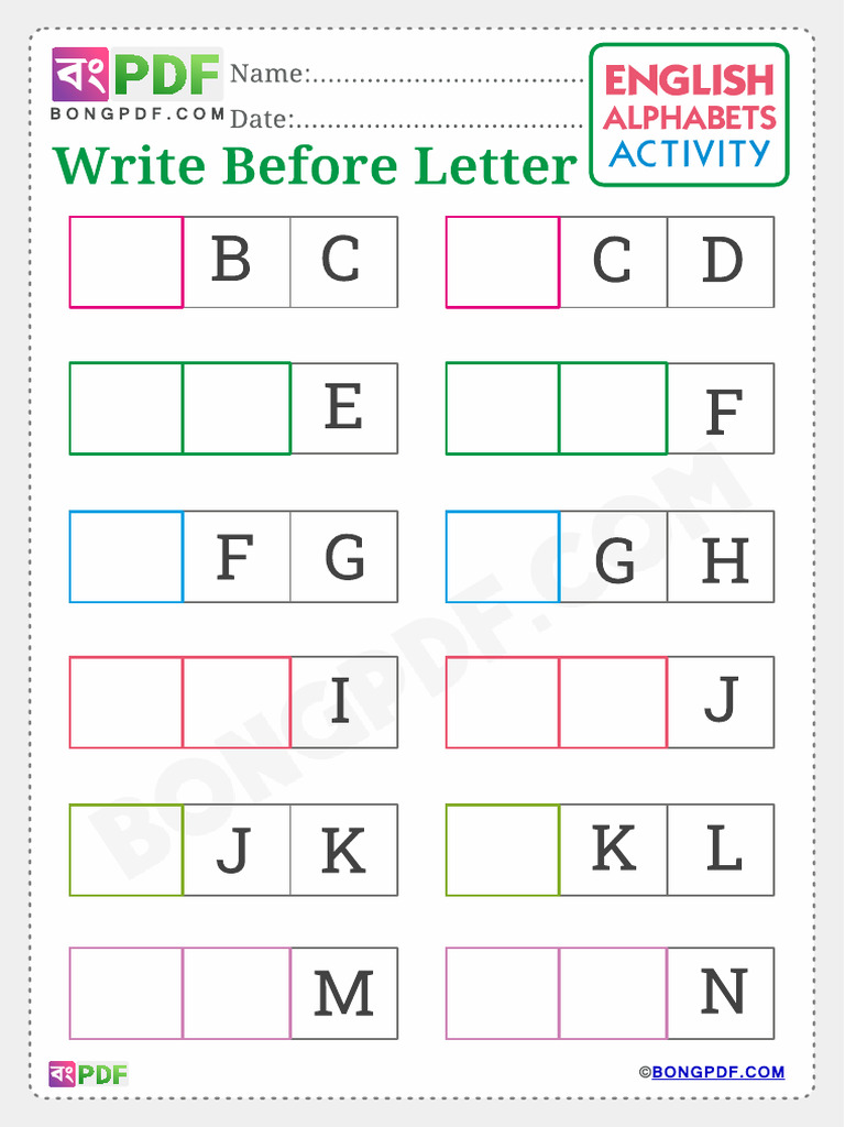 Write Before English Alphabets Worksheet 3 | PDF
