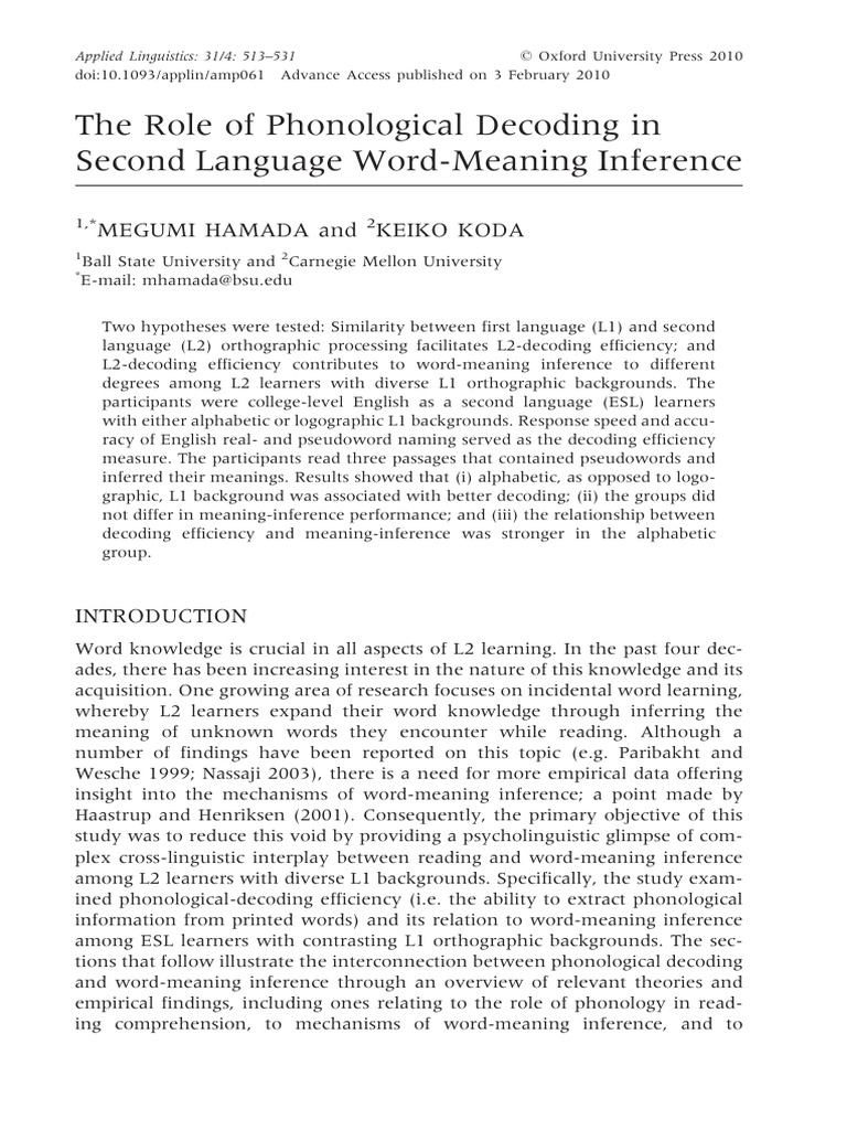 Phonological Decoding in L2 Word Learning | PDF | Second Language ...