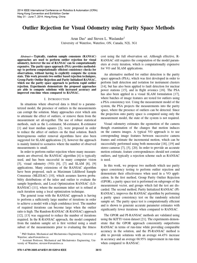 Outlier Rejection For Visual Odometry Using Parity Space Methods | PDF ...