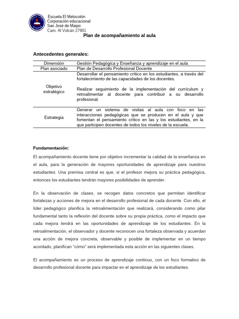 Plan de Acompañamiento Al Aula - 2023 | PDF | Enseñando | Maestros