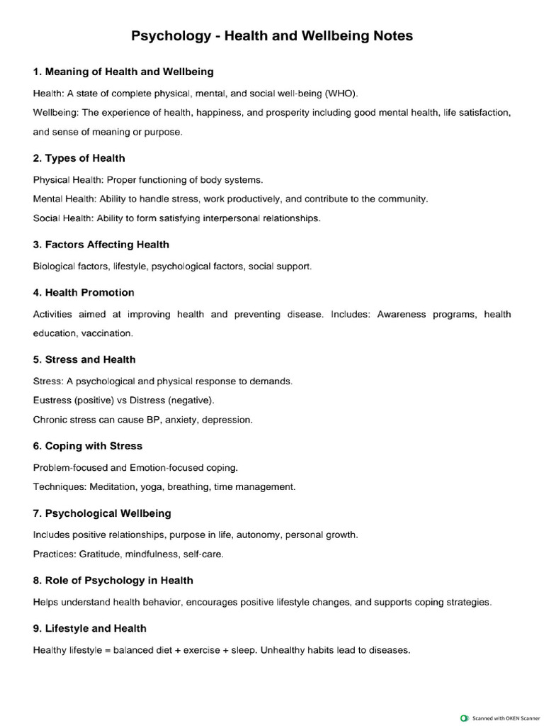 Health and Wellbeing Psychology Notes | PDF