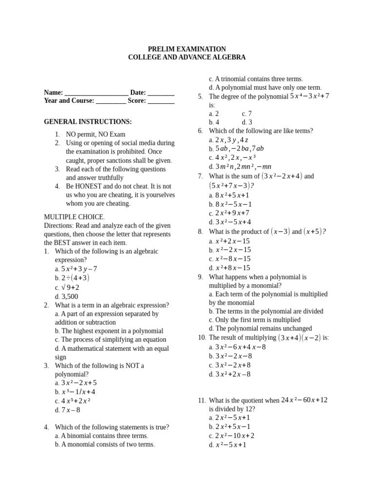 Prelim Exam - College and Advance Algebra | PDF | Factorization ...