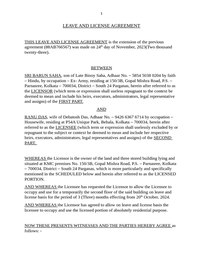 Leave and License Agreement West Bengal | PDF | License | Private Law