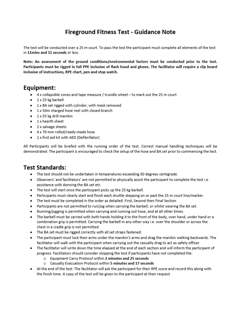 Fireground Fitness Test Guidelines | PDF