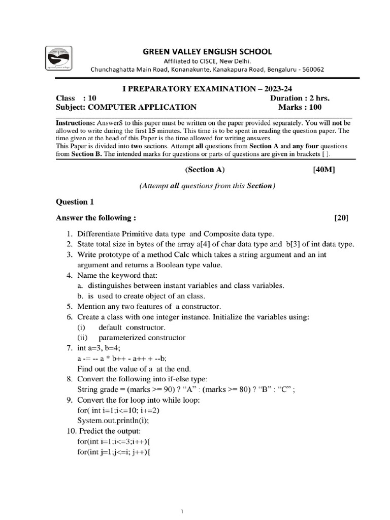 10 ICSE - Computer Application - I Preparatory Exam - 2023-24 | PDF