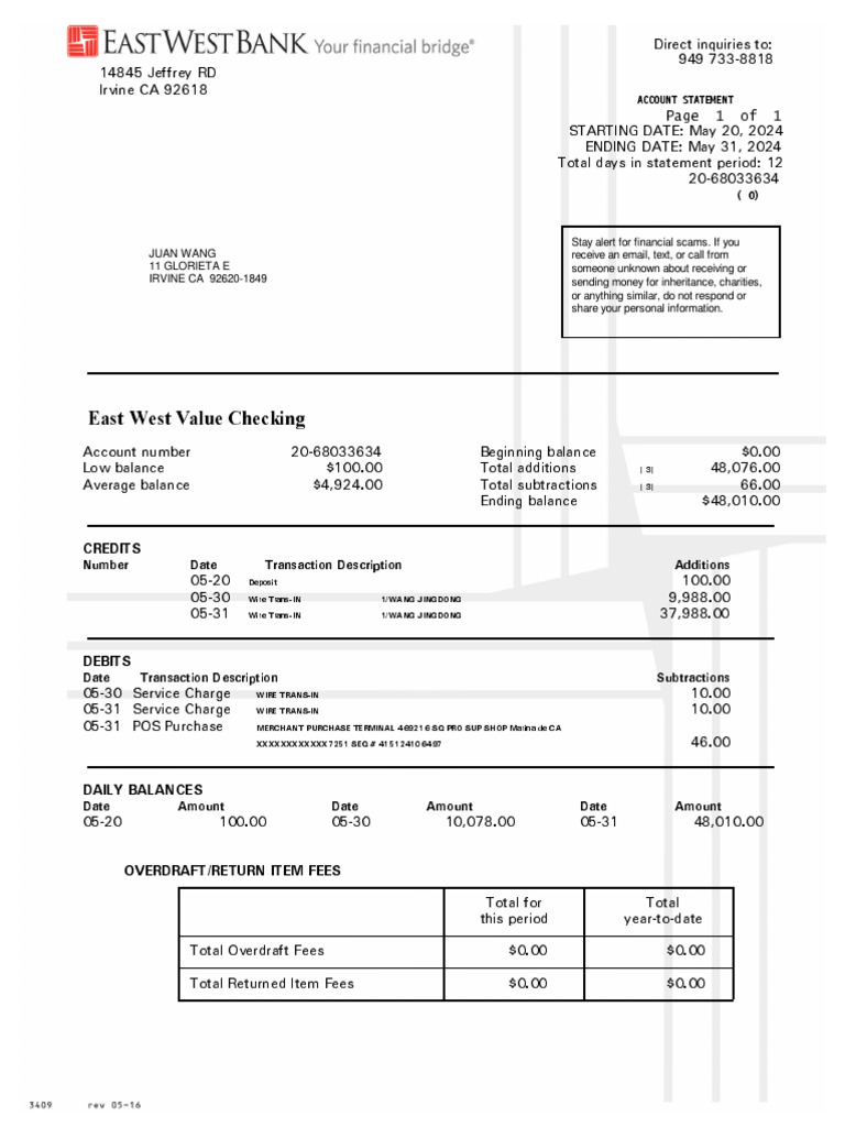Juan Wang Account Statement Summary | PDF | Overdraft | Fee