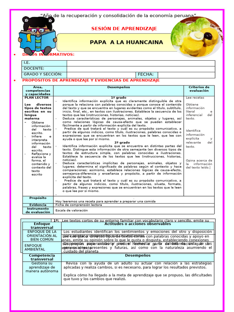 Sesion Plan Lector Papa A La Huancaina | PDF | Aprendizaje ...
