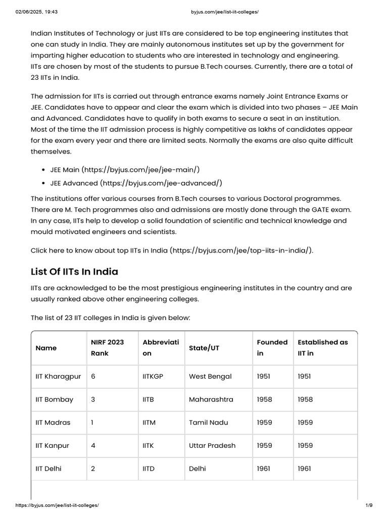 List of IITs in India and Admissions | PDF | Science Education ...